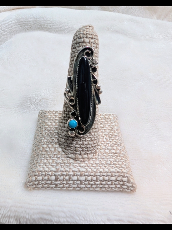 Native Jewelry - Sterling Silver Black Onyx and Turquoise Statement Ring